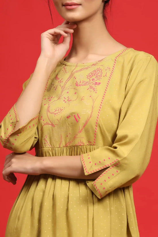 Juniper Olive Rayon Printed A-Line Kurta