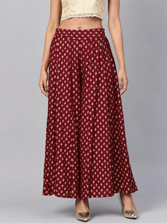 Juniper Maroon Rayon Printed Flared Palazzo