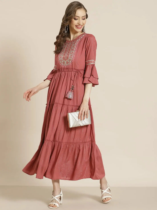 Juniper Rosepink Rayon Lurex Embroidered Tiered Dress