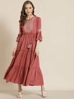 Juniper Rosepink Rayon Lurex Embroidered Tiered Dress