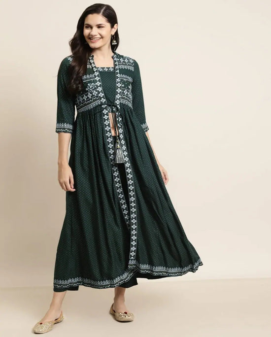 Juniper Jadegreen Rayon Printed Jacket Style Kurta Pant Set