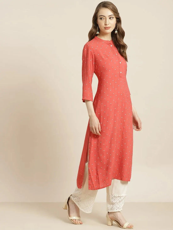 Juniper Coral Rayon Slub Embellished Straight Kurta