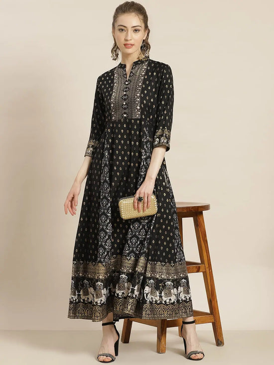 Juniper Black Rayon Printed A-Line Kurta