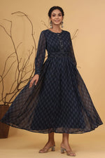 Juniper Navy Alphin Chiffon Flared Printed Dress With Tie-up Blet