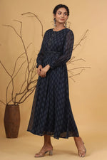 Juniper Navy Alphin Chiffon Flared Printed Dress With Tie-up Blet