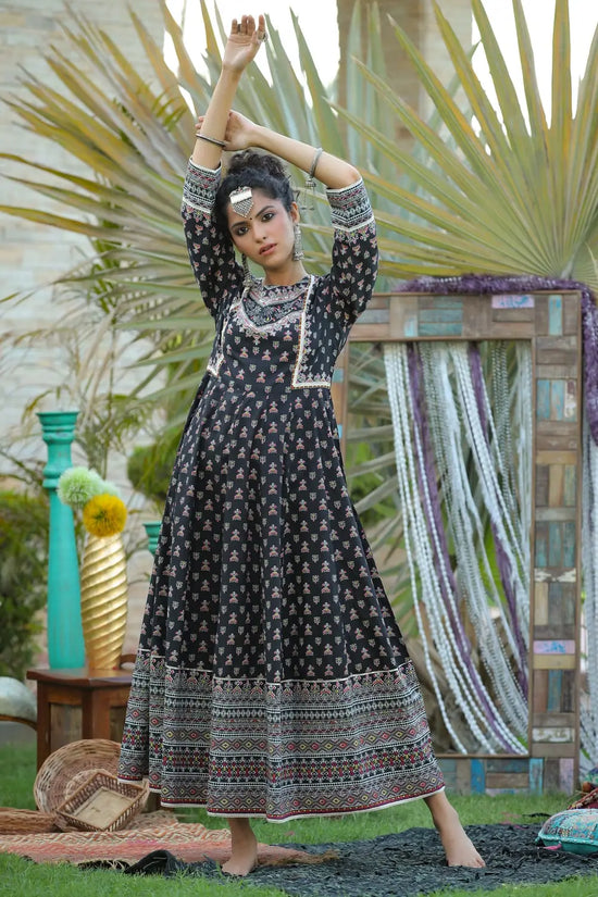 Juniper Black Cambric Floral Print Anarkali Kurta Dress With Mask