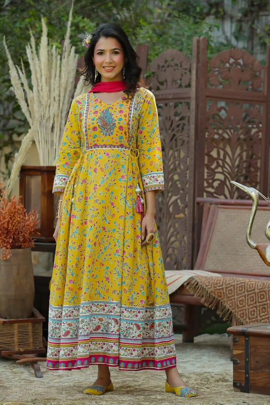 Juniper Yellow Cambric Floral Print Anarkali Dress & Dupatta Set with Rubber-Band