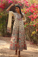 Juniper Beige Cambric Printed Flared Dress Dupatta Set