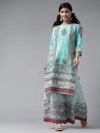 Juniper Aqua Cambric Floral Print Straight Kurta Palazzo Set