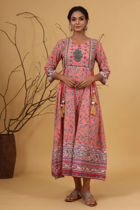 Juniper Coral Cambric Floral Print Anarkali Dress & Dupatta Set with Rubber-Band