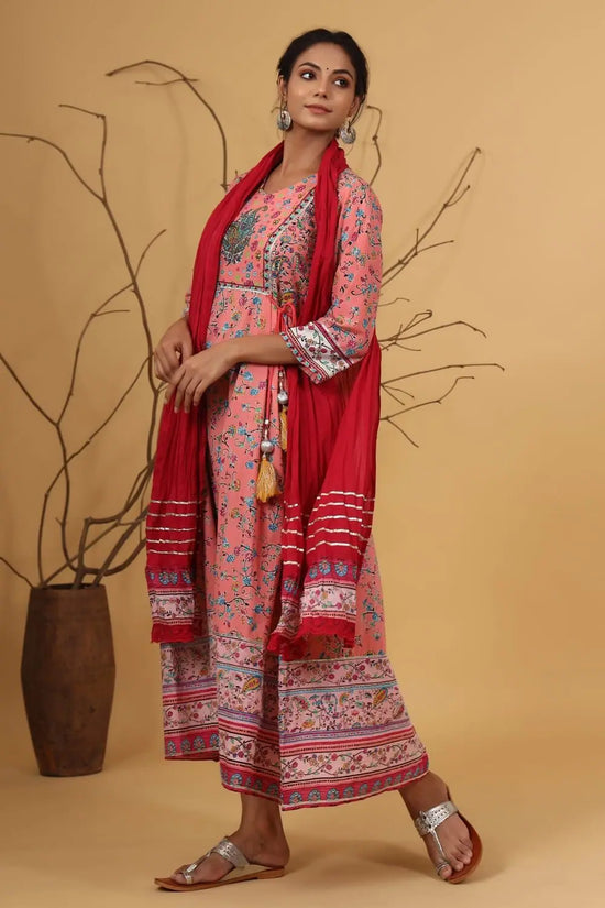 Juniper Coral Cambric Floral Print Anarkali Dress & Dupatta Set with Rubber-Band