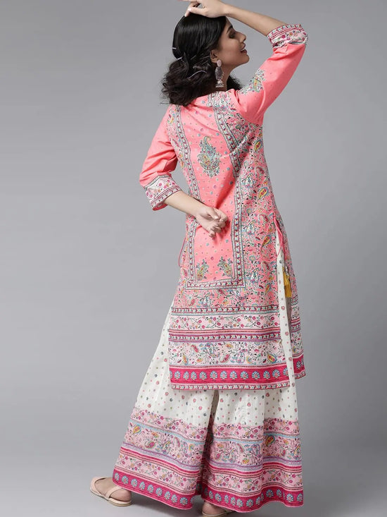 Juniper Coral Cambric Floral Print Straight Kurta Palazzo Set