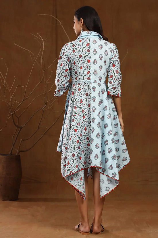 Juniper Blue Cambric Floral Print Asymmetric Dress With Mask