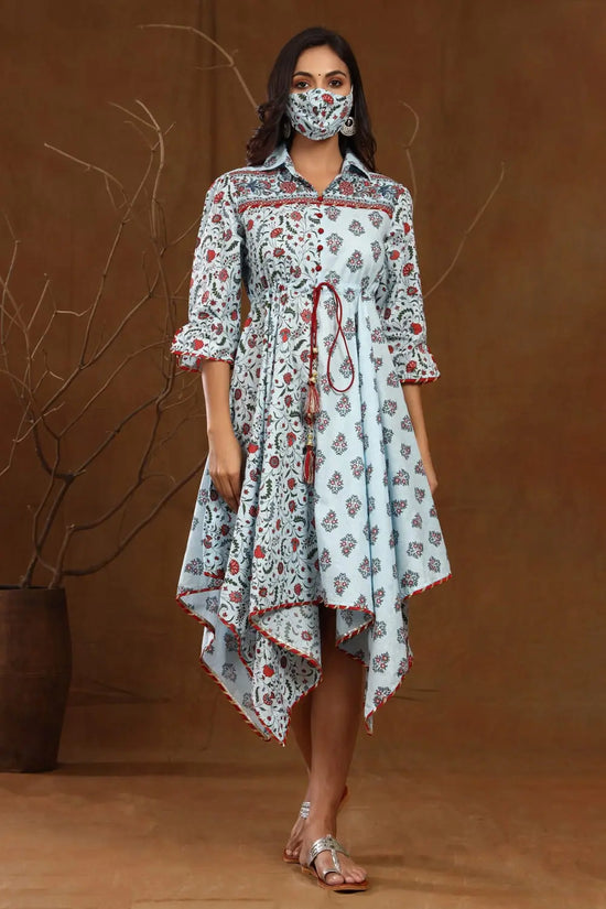 Juniper Blue Cambric Floral Print Asymmetric Dress With Mask