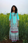 Juniper Aqua Cambric Printed Straight Kurta Palazzo Dupatta Set