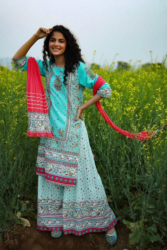 Juniper Aqua Cambric Printed Straight Kurta Palazzo Dupatta Set