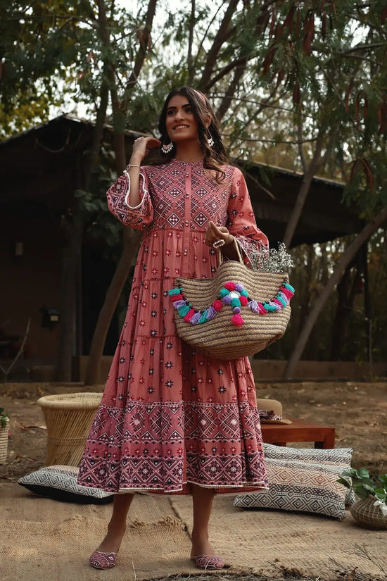 Juniper Peach Cambric Mexican Print Tiered Dress With Mask