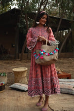 Juniper Peach Cambric Mexican Print Tiered Dress With Mask