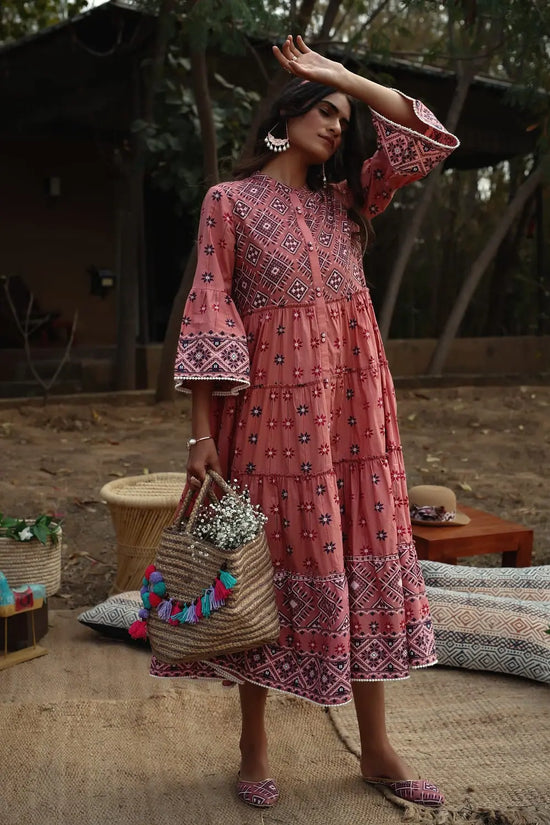 Juniper Peach Cambric Mexican Print Tiered Dress With Mask