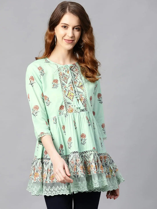 Juniper Pistagreen Cambric Mexican Print Flared Kurta Dress With Mask