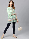 Juniper Pistagreen Cambric Mexican Print Flared Kurta Dress With Mask