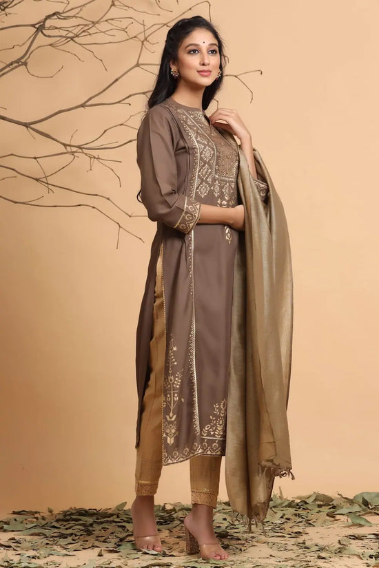 Juniper Brown Rayon Printed Straight Kurta Dupatta Set With Rubber-Band