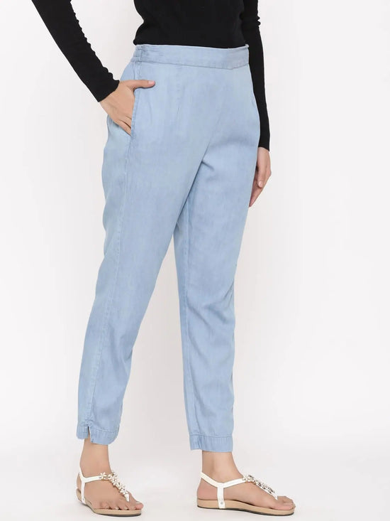 Juniper Blue Cotton Solid Straight Pants