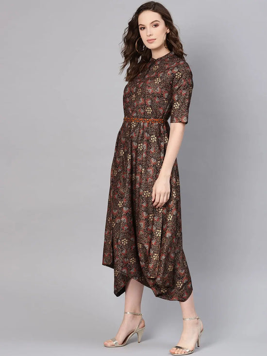 Juniper Black Rayon Printed Asymmetric Dress With Belt