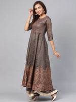 Juniper Grey Chanderi Printed Kurta With Solid Skirt