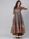 Juniper Grey Chanderi Printed Kurta With Solid Skirt