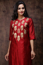 Juniper Maroon Chanderi Embroidered 2 Piece Kurta Dress