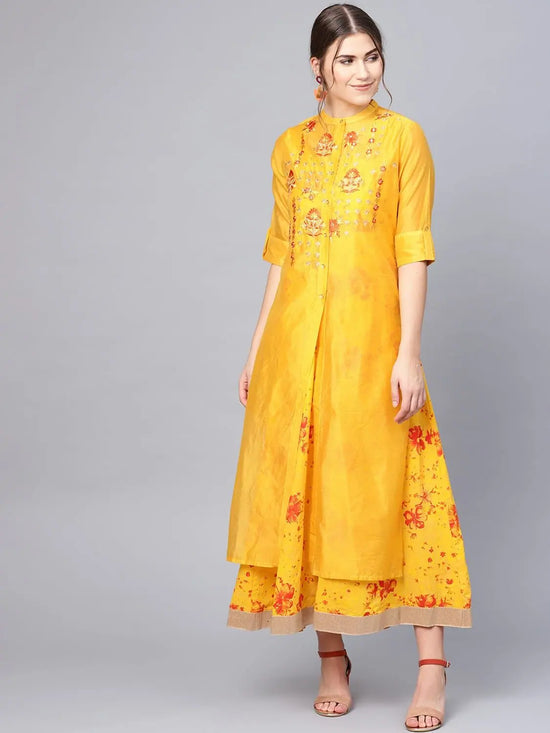 Juniper Mustard Chanderi Embroidered 2 Piece Kurta Dress