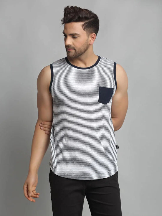 Men White Navy Sleeveless Vest T-Shirt