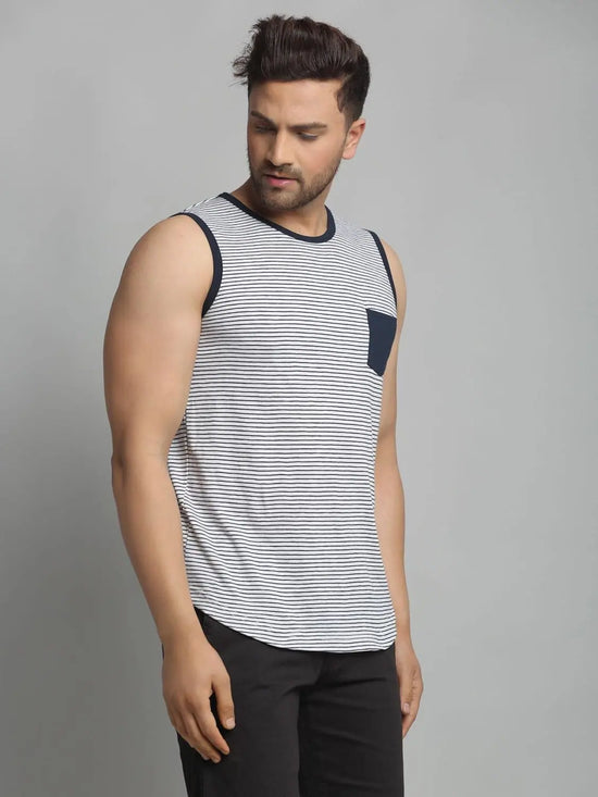 Men White Navy Sleeveless Vest T-Shirt