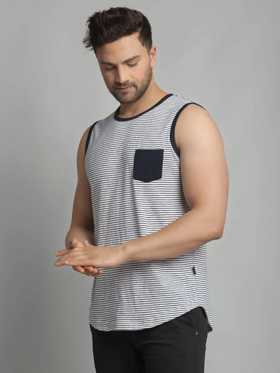 Men White Navy Sleeveless Vest T-Shirt