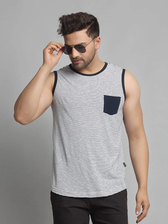 Men White Navy Sleeveless Vest T-Shirt