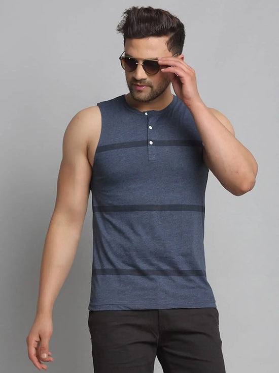 Men Blue Printed Sleeveless Vest T-Shirt