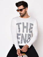 Men White Printed Round Neck Full Sleeve T-Shirt