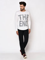 Men White Printed Round Neck Full Sleeve T-Shirt