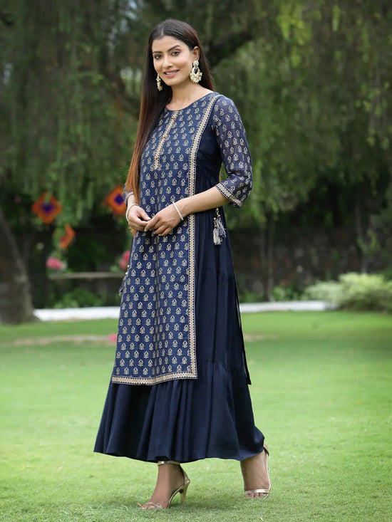 Juniper Women's Navy Chanderi Silk Printed Layered Dress