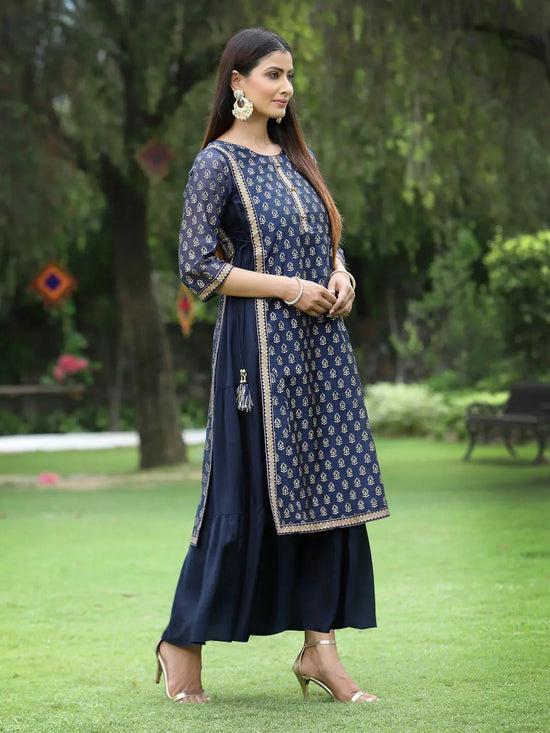 Juniper Women's Navy Chanderi Silk Printed Layered Dress