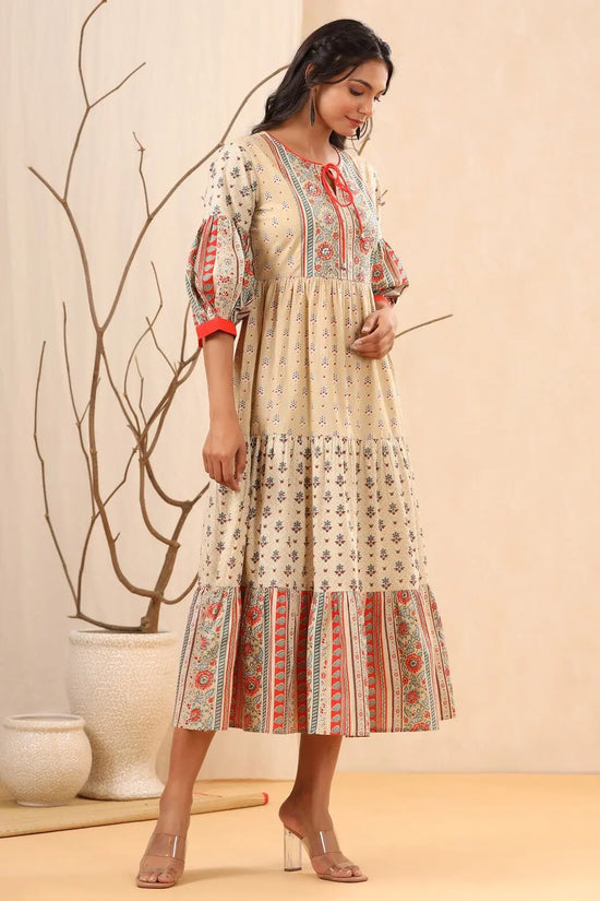 Juniper Beige Cambric Festive Printed Tiered Long Dress For Women