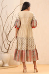 Juniper Beige Cambric Festive Printed Tiered Long Dress For Women