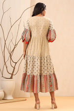 Juniper Beige Cambric Festive Printed Tiered Long Dress For Women