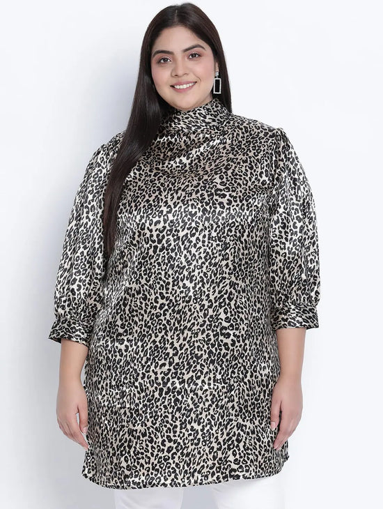 Striking Black Animal Satin Print Plus Tunic