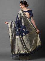 Sareemall Navy Blue Festive Silk Blend Woven Designer Saree With Unstitched Blouse