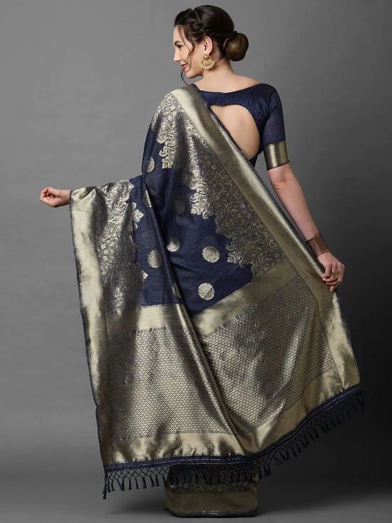 Sareemall Navy Blue Festive Silk Blend Woven Designer Saree With Unstitched Blouse