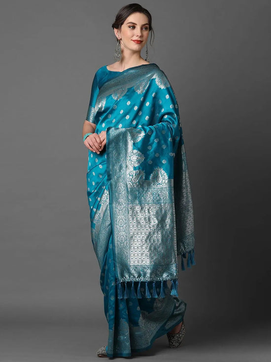 Elegant Sareemall Sky Blue Festive Silk Blend Woven Design Saree With Unstitched Blouse