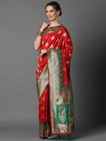 Sareemall Red & Green Festive Silk Blend Woven Design Saree With Unstitched Blouse