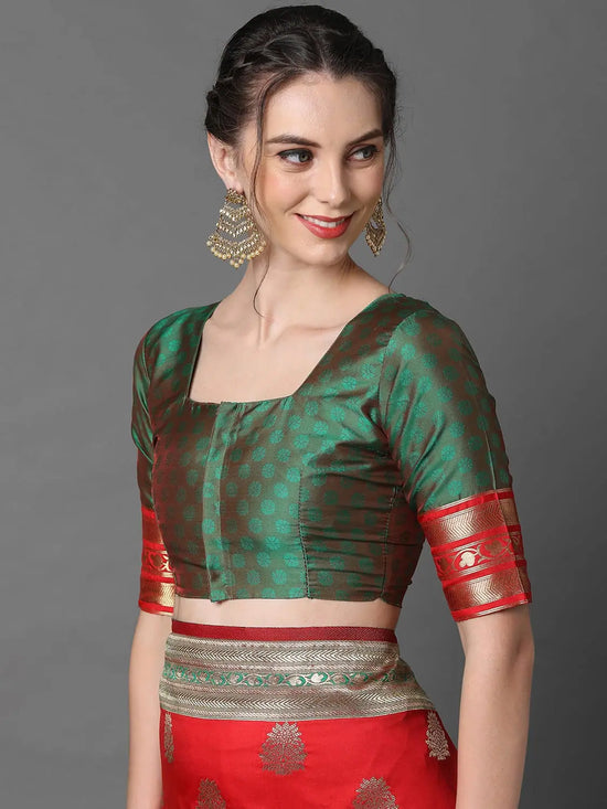 Sareemall Red & Green Festive Silk Blend Woven Design Saree With Unstitched Blouse